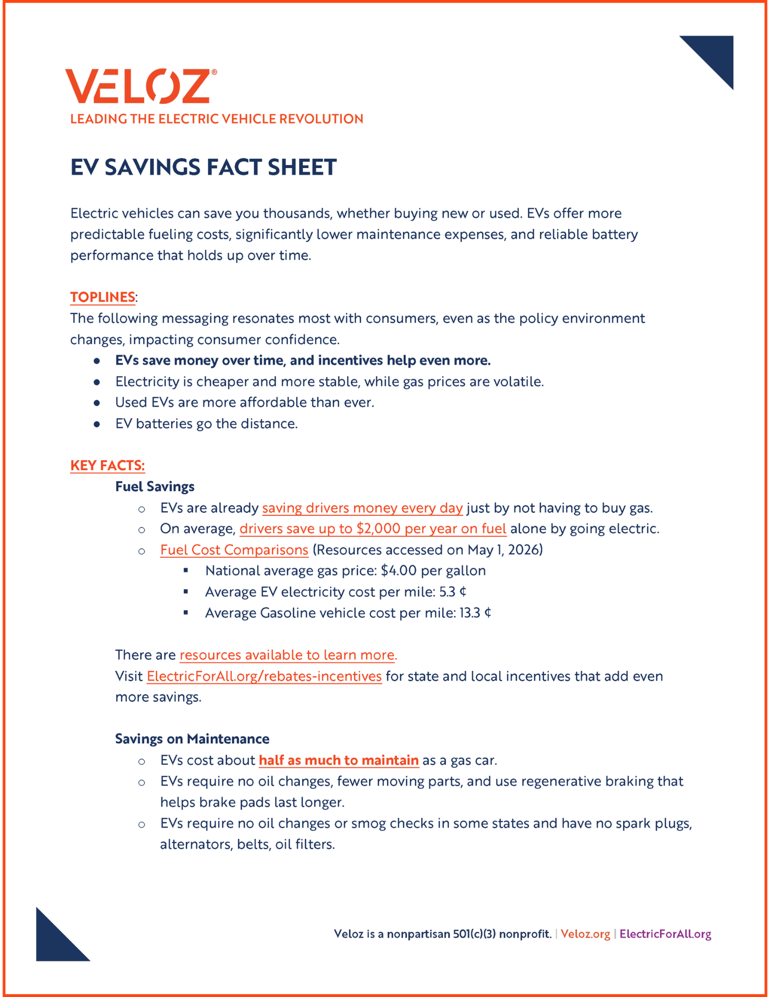 EV Savings Fact Sheet